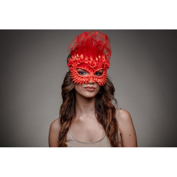 Red Masquerade mask for woman with gold glitter, scale, roses. Halloween mask.