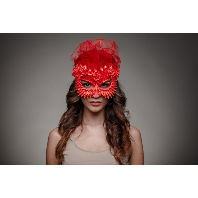 Red Masquerade mask for woman with gold glitter, scale, roses. Halloween mask.