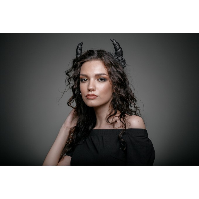 Demon Horns headband with realistic flowers from faux leather material for woman and girl. Dragon horns Devil horns