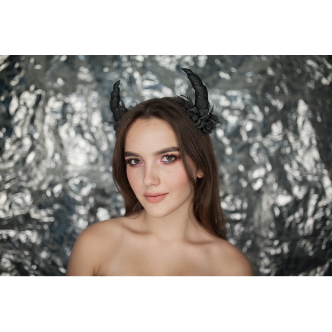 Demon Horns headband with realistic flowers from faux leather material for woman and girl. Dragon horns Devil horns