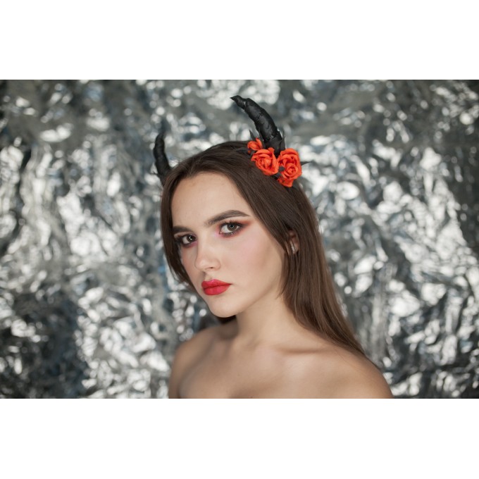 Black horns headband with red realistic rose 