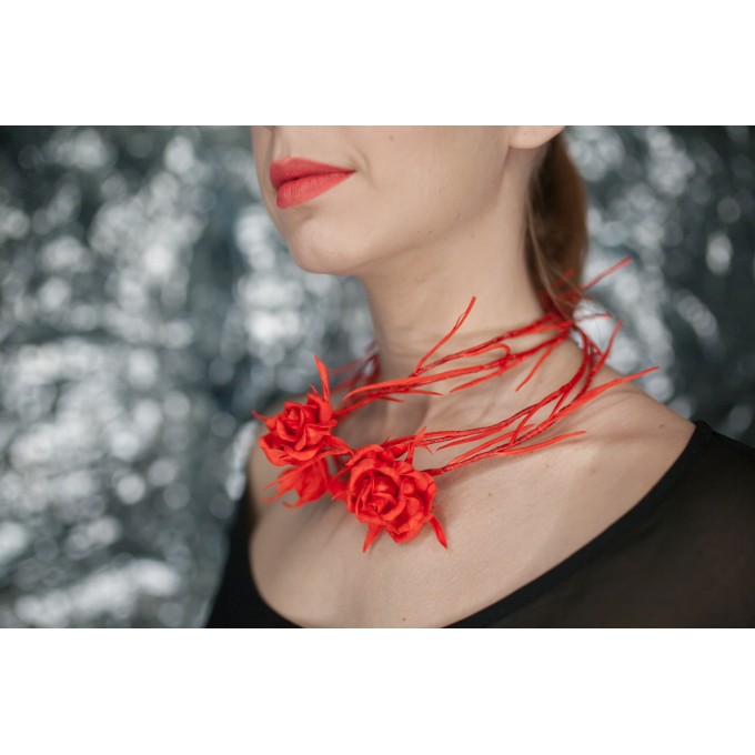 Universal Halloween accessory: head tiara, belt, fancy bracelet. Flexible red liana decorated with red roses. 47”-51”long