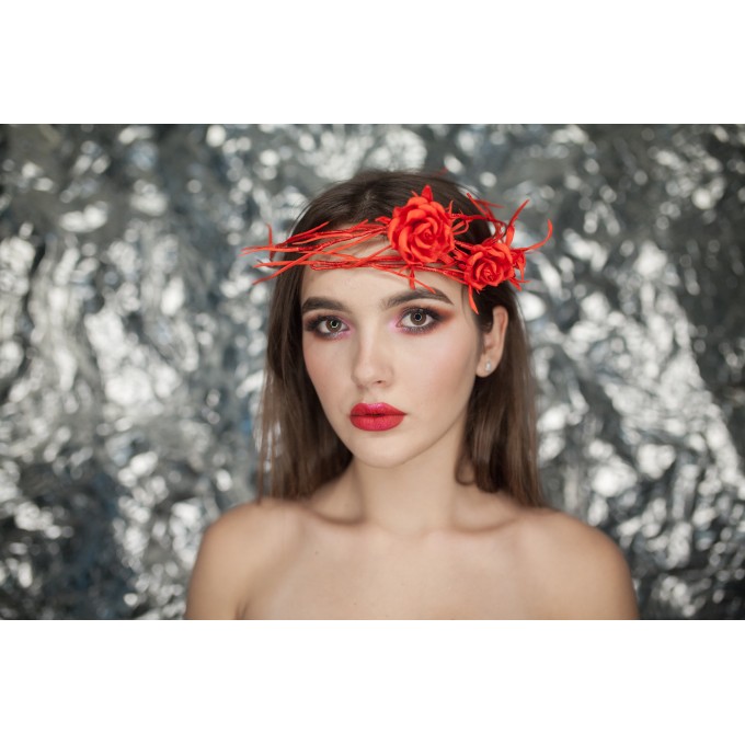 Universal Halloween accessory: head tiara, belt, fancy bracelet. Flexible red liana decorated with red roses. 47”-51”long