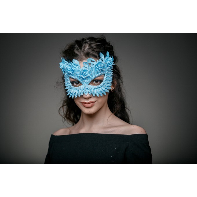 Masquerade masks woman light blue and silver with flowers, scales

