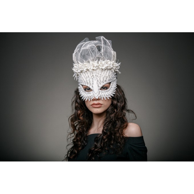 Masquerade mask woman Ivory with flowers, veiling, scales for Halloween, party, masquerade, wedding
