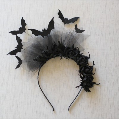 Black bat headband with black veil. Halloween headband.