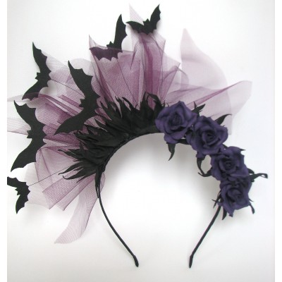 Black bat headband with purple rose. Halloween headband accessories, bat fascinator.