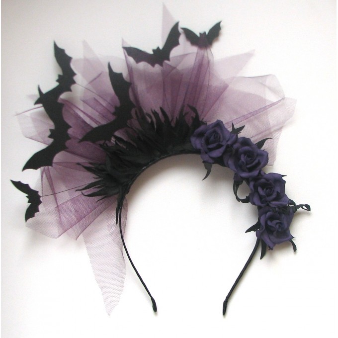 Black bat headband with purple rose. Halloween headband accessories, bat fascinator.