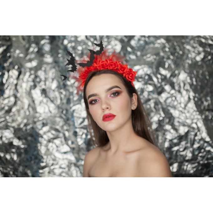 Bat headband with red rose and red veil