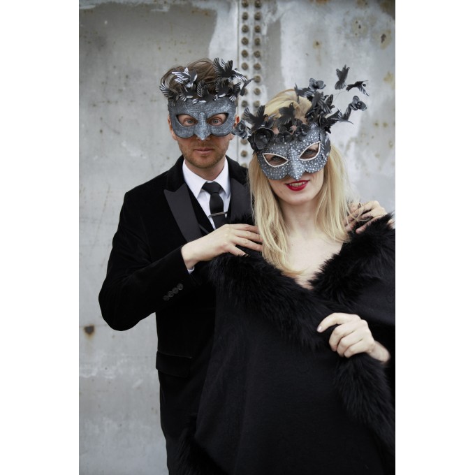 Couples masquerade mask. His and hers masks with birds, orchids, rhinestones for Mardi gras, carnival, cosplay, festival, party.