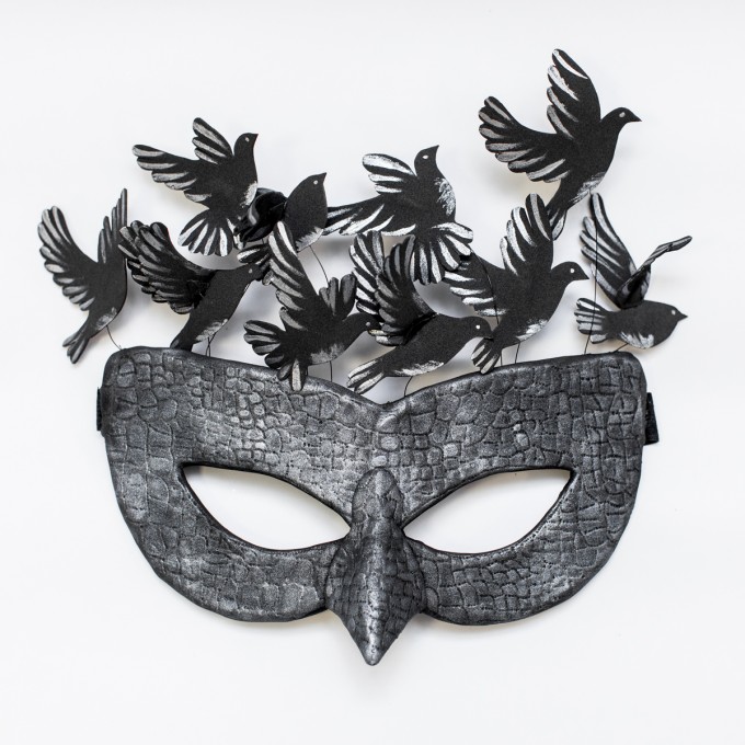 Black & Silver masquerade mask for woman and men with birds having leather-like embossing covered with glitter 