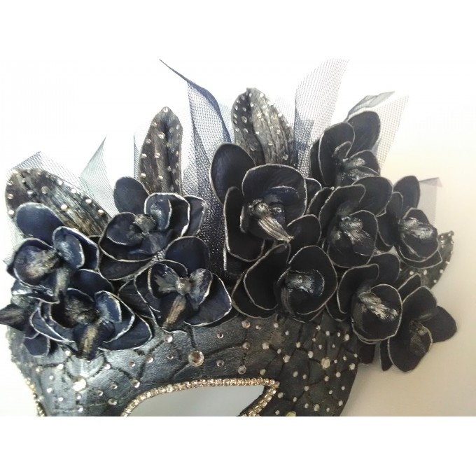 Masquerade mask woman dark blue and silver, 3D orchids, veiling, rhinestones for Halloween, wedding, Mardi gras, ball mask, party