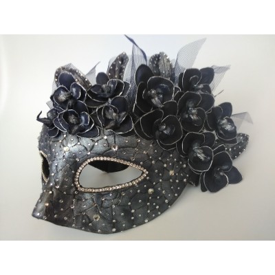 Masquerade mask woman dark blue and silver, 3D orchids, veiling, rhinestones for Halloween, wedding, Mardi gras, ball mask, party