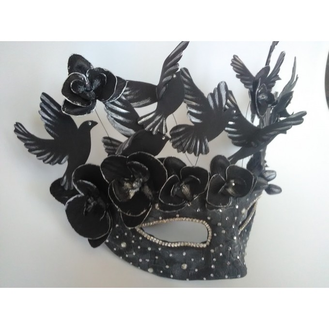 Masquerade mask woman with orhids, rhinestones, bird.