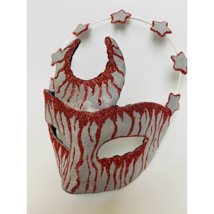 Silvery moon bloody masquerade mask, decorated with moon, stars and red lines. For Halloween, Party, Wedding