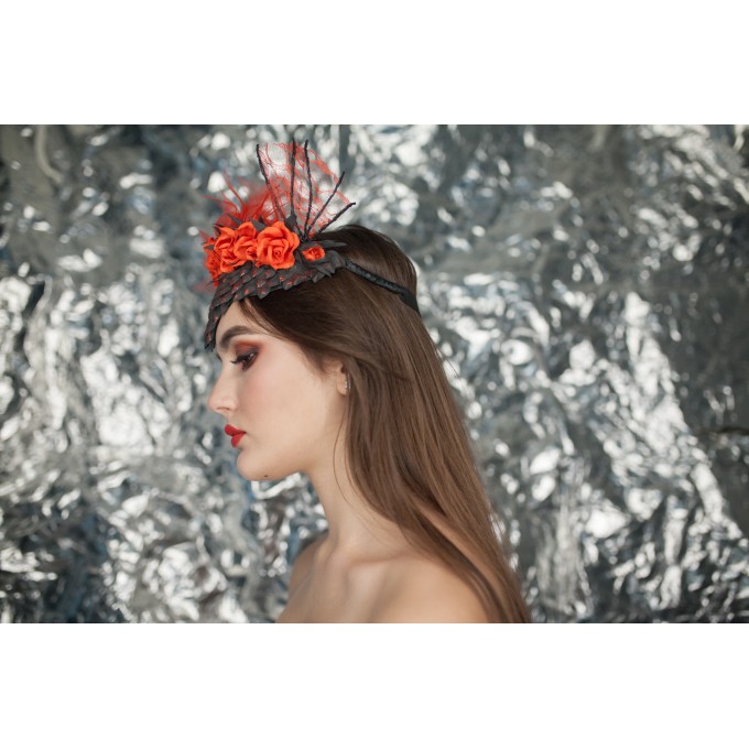 Halloween dragon headband, girl helmet with red rose, dragon scale, with wings and veil.